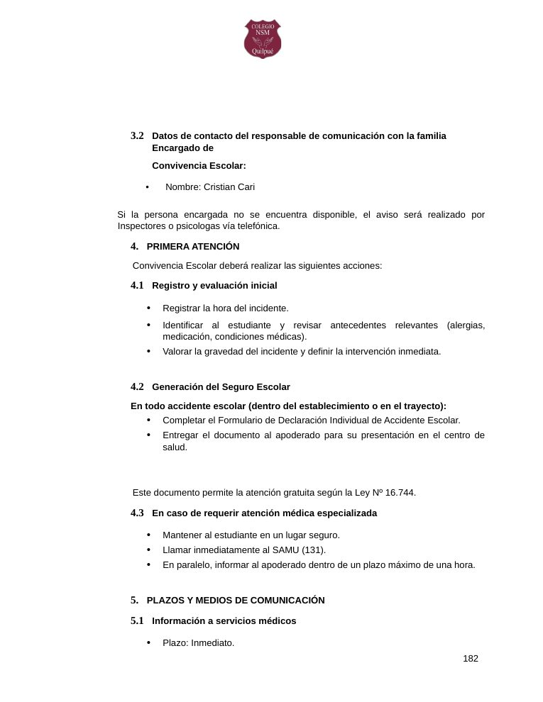 Página 182 del RICE Colegio NSM